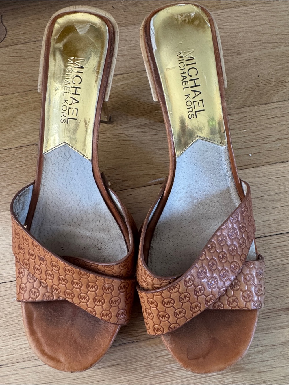 MICHAEL Michael Kors Brown Leather Logo Slide Mules with Gold Insole